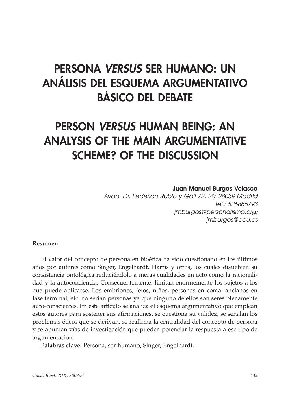 Persona versus ser humano: un análisis del esquema argumentativo básico del debate